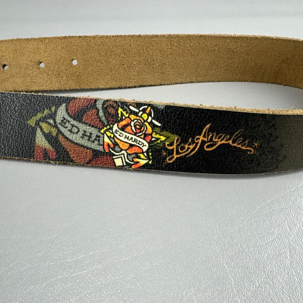 Ed Hardy Y2K Style Tattoo Printed Handmade Leather Belt Womens M 39.5 In EH3346